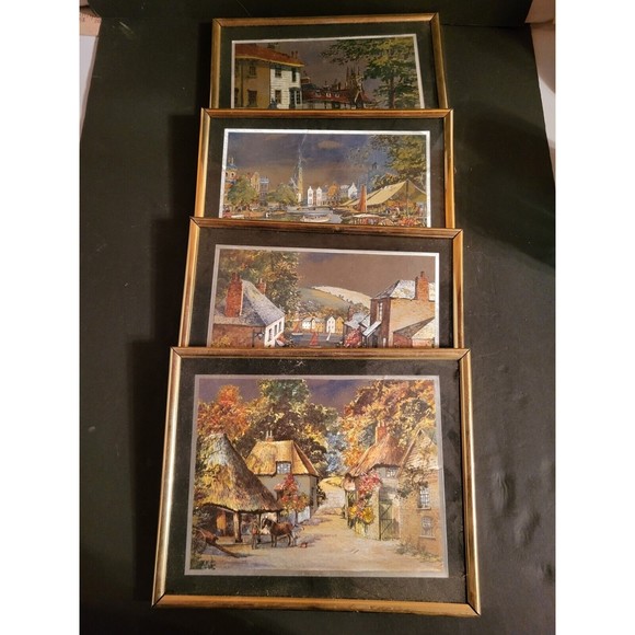Vintage Oil Foil Paintings Set of 4 Signed "Bert Pugh"  Framed Street Scenes - Picture 2 of 12